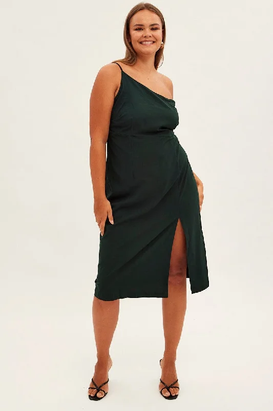Now or Never Green Midi Dress Asymmetrical Shoulder