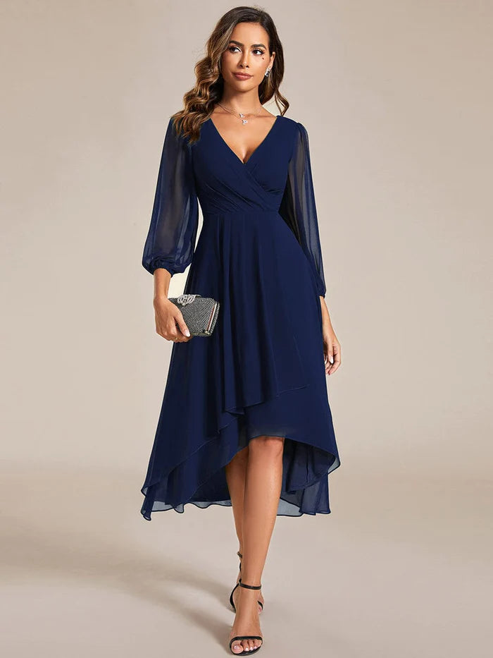 Exclusive Deal Elegant Long Sleeve V-Neck High Low Chiffon Wedding Guest Dress