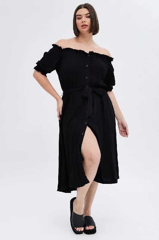 Exclusive Savings Black Short Sleeve Linen Button Midi Dress