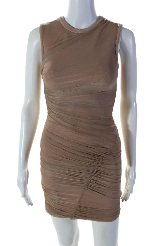 Can't Miss Herve Leger Womens Stretch Layered Ruched Sleeveless Zip Up Dress Beige