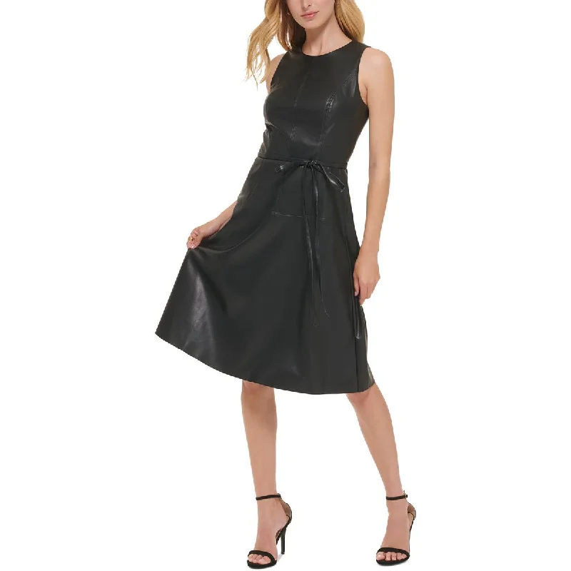 Weekend Deal Womens Faux Leather Sleeveless Midi Dress