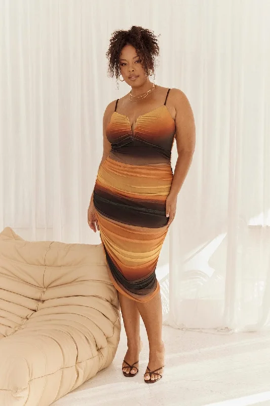 Huge Discounts Multi Abstract Bodycon Dress Mesh Ruched Sunset Print Strappy