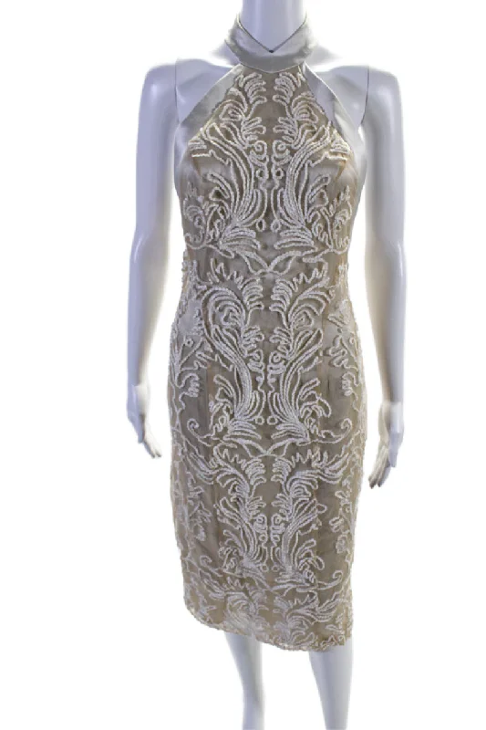 Markdown Madness Galvan London Women's Halter Neck Sleeveless Textured Mini Dress Beige