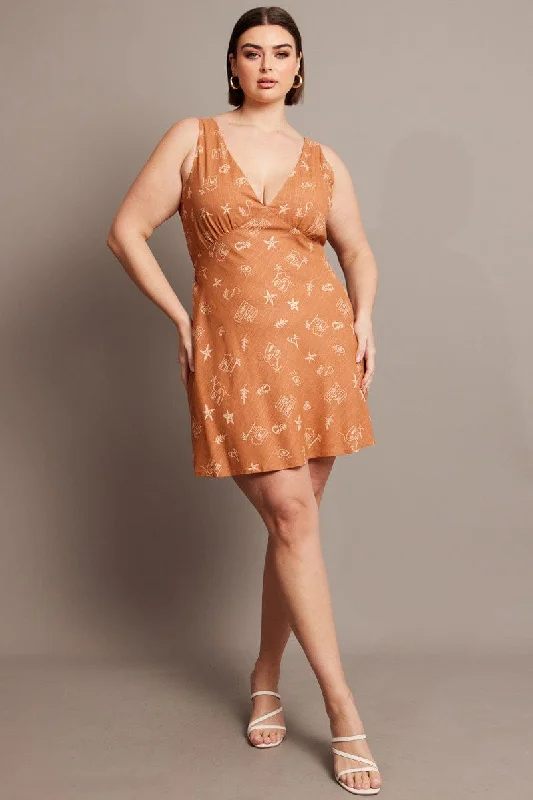 Steals and Deals Brown Abstract V-neck Sleeveless Mini Dress