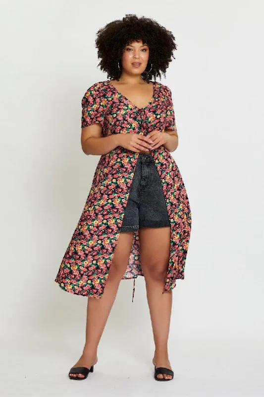 Stock Up and Save Floral Print Midi Dress Short Sleeve Button