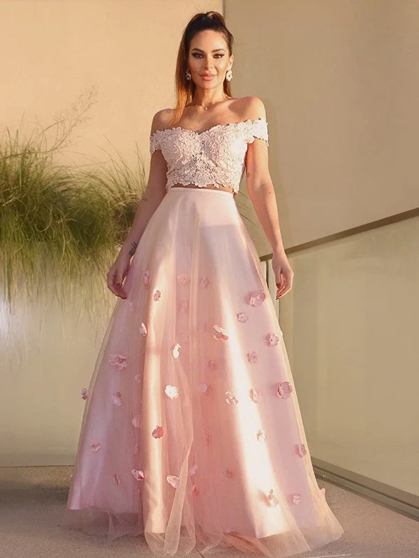 Sneak Peek Sale A-Line/Princess Tulle Hand-Made Flower Off-the-Shoulder Sleeveless Floor-Length Two Piece Dresses Sneak Peek Sale A-Line/Princess Tulle Hand-Made Flower Off-the-Shoulder Sleeveless Floor-Length Two Piece Dresses
