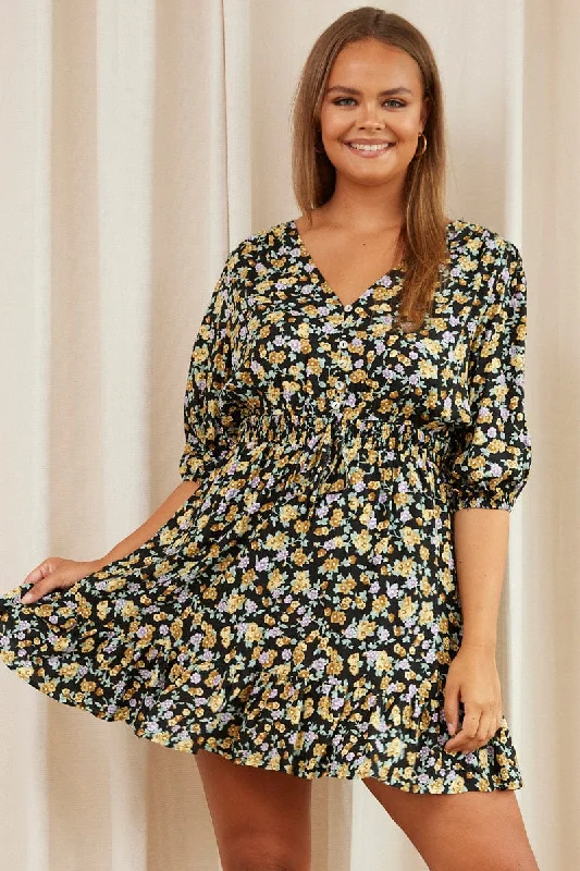 Limited Time Floral Print Skater Dress V-neck Long Sleeve