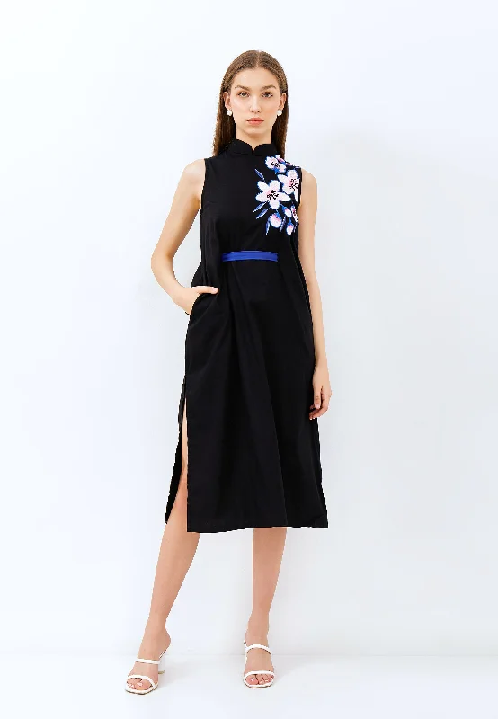 Must-Have Deals CHERRY BLOSSOM Embroidery Black Midi Cheongsam Dress