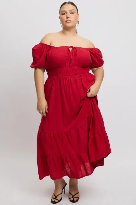 Hurry In Red Tiered Midi Dress Short Sleeve Ruched Bust