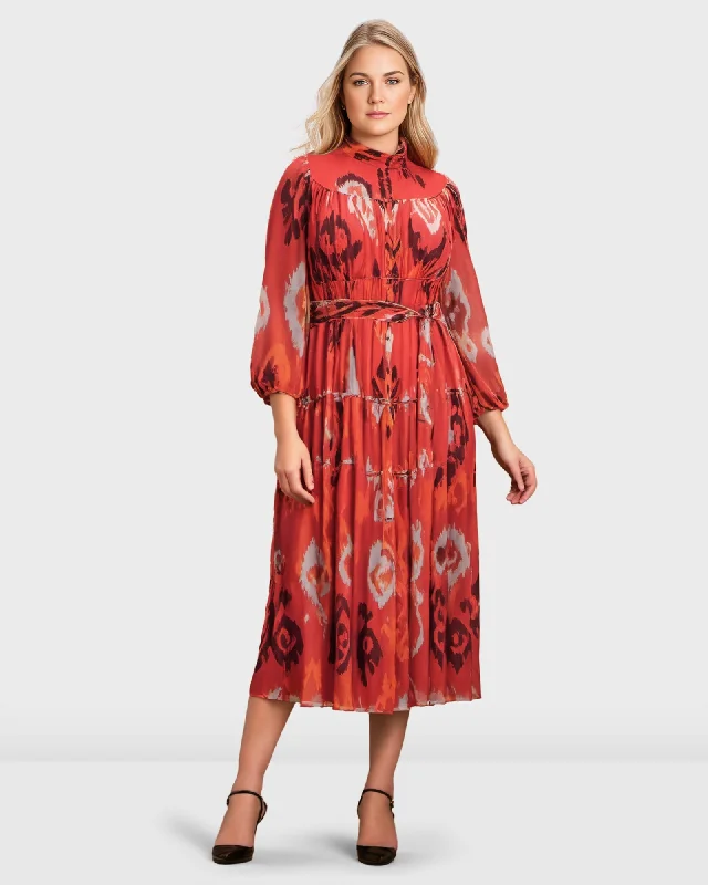 Exclusive Savings Ikat Print Georgette Tiered Dress | Red