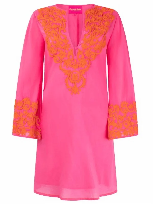Lowest Prices Women's Embroidered Mini Dress In Hot Pink,hot Orange