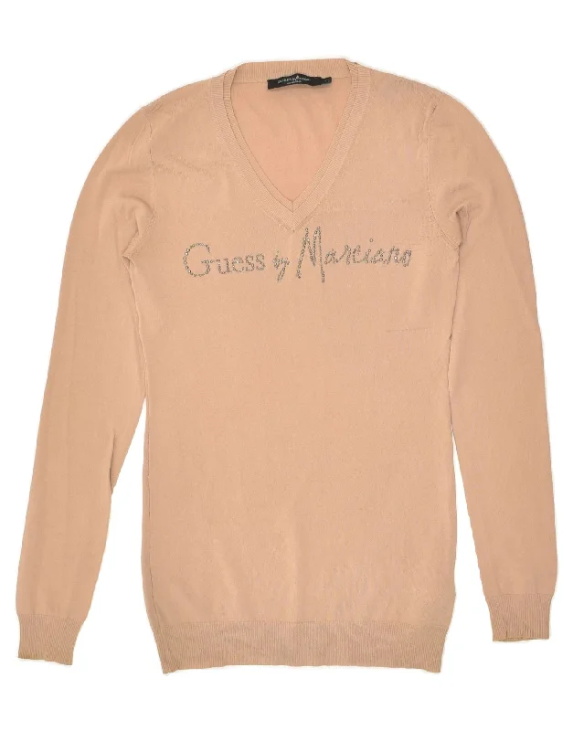 Price Buster GUESS BY MARCIANO Womens Graphic V-Neck Jumper Sweater US 2 XS Beige
