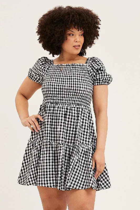 Today’s Deal Check Skater Dress Square Neck Short Sleeve Tie