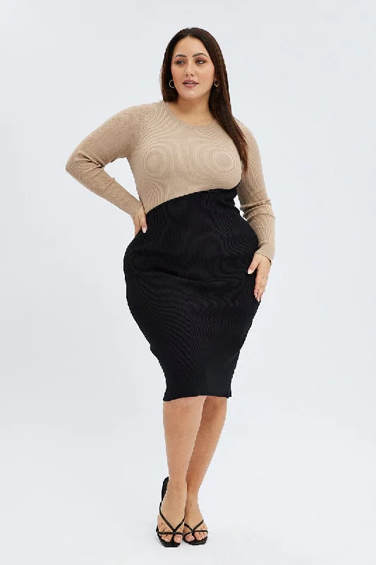 One-DAY Sale Beige Knit Dress Long Sleeve Color Block