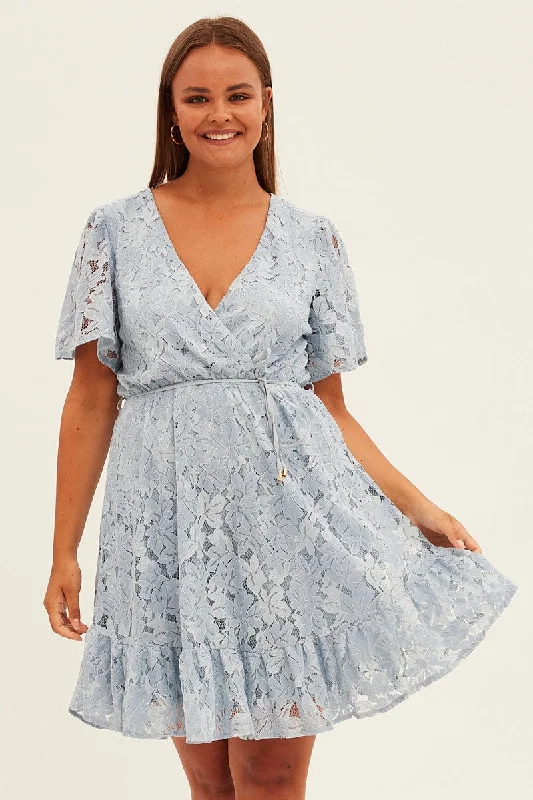 Today’s Special Light Blue Fit And Flare Dress Short Sleeve Wrap Lace