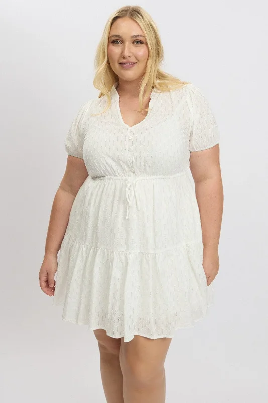 Reduced Prices White Textured 3/4 Sleeve Minidress