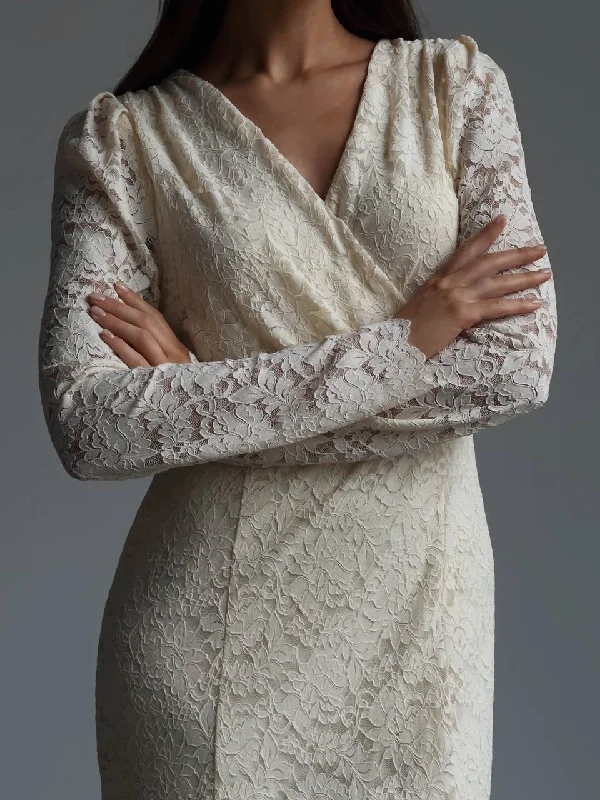 Special Discount Elegant Lace-Embroidered Cream Midi Dress
