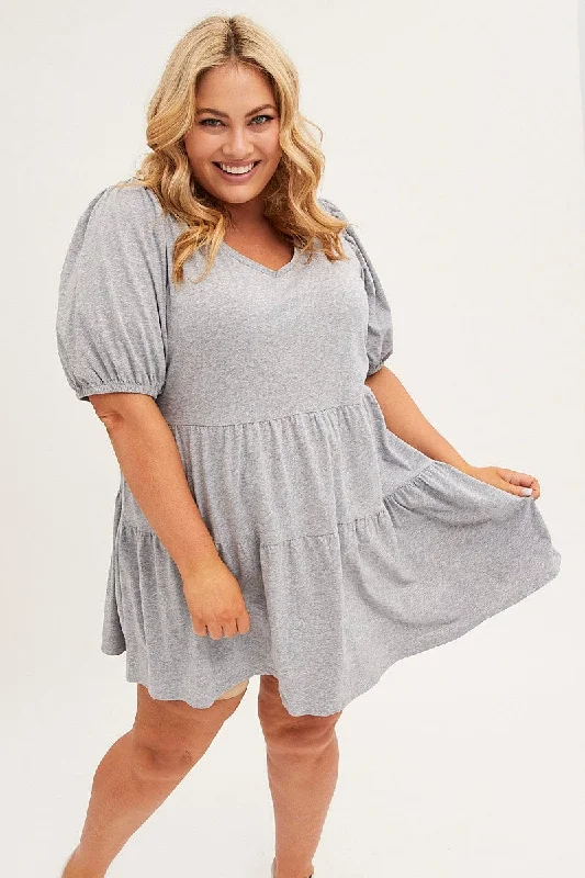 Best Seller Grey Tiered Dress Puff Sleeve Round Neck