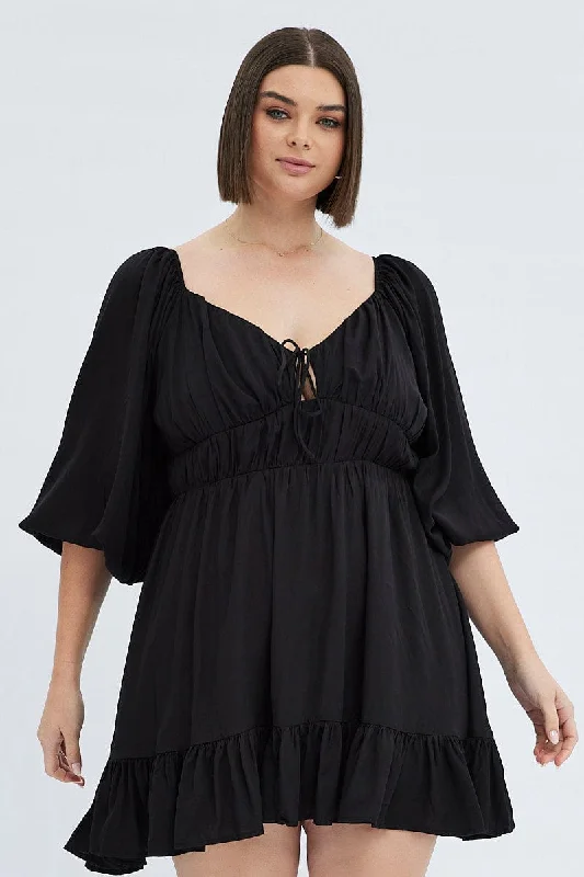 Warehouse Sale Black Fit And Flare Dress 3/4 Sleeve Tiered Cut Out