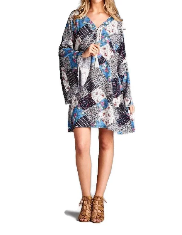Major Savings Floral Patchwork Print Dress In Blue