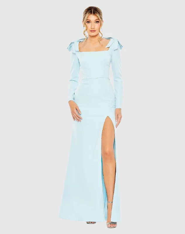 Huge Discounts Light Blue Empire Waist Long Sleeve Bow Shoulder Gown