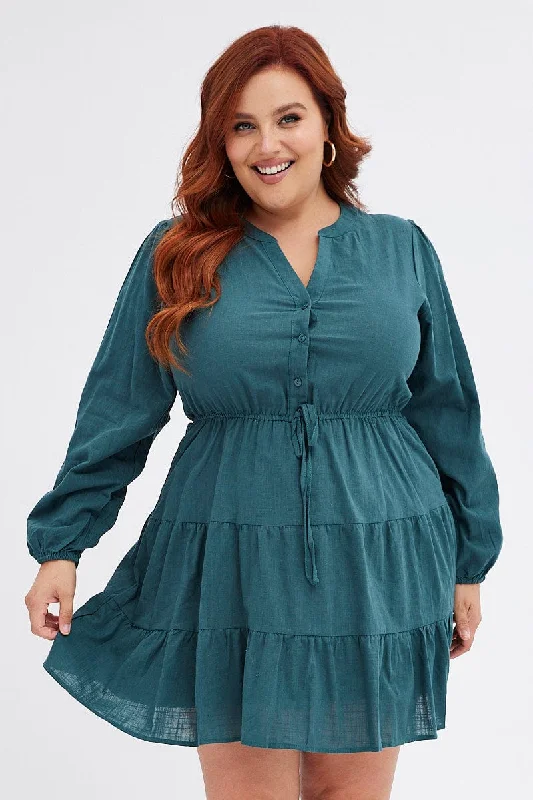 Reduced Prices Green Shirt Dress Long Sleeve V-neck Tiered
