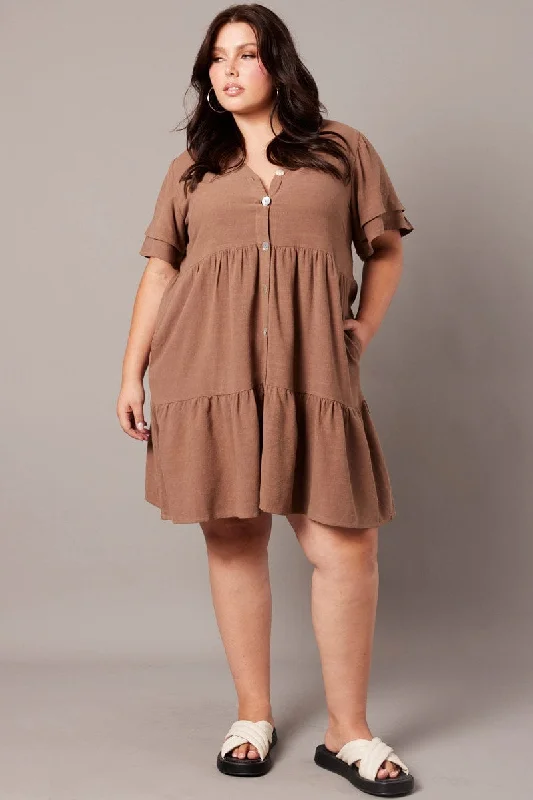 Exclusive Online Offer Brown Button Frill Slv Dress