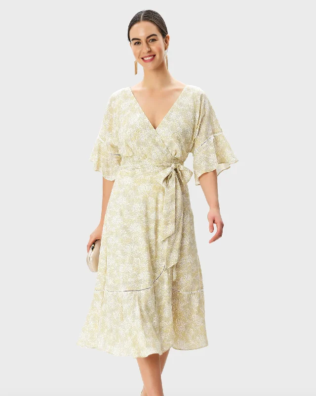 Online Exclusive Graphic Floral Print Modal Ruffle Flounce Wrap Dress | Golden Yellow