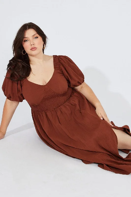 Daily Specials Brown Midi Dress Puff Sleeve Front Split
