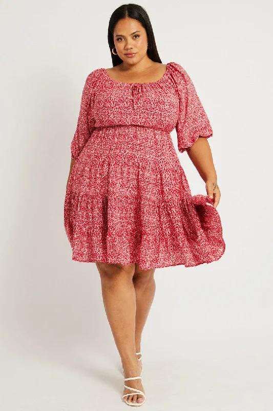 Price Rollback Red Ditsy Tie Front Tiered Minidress