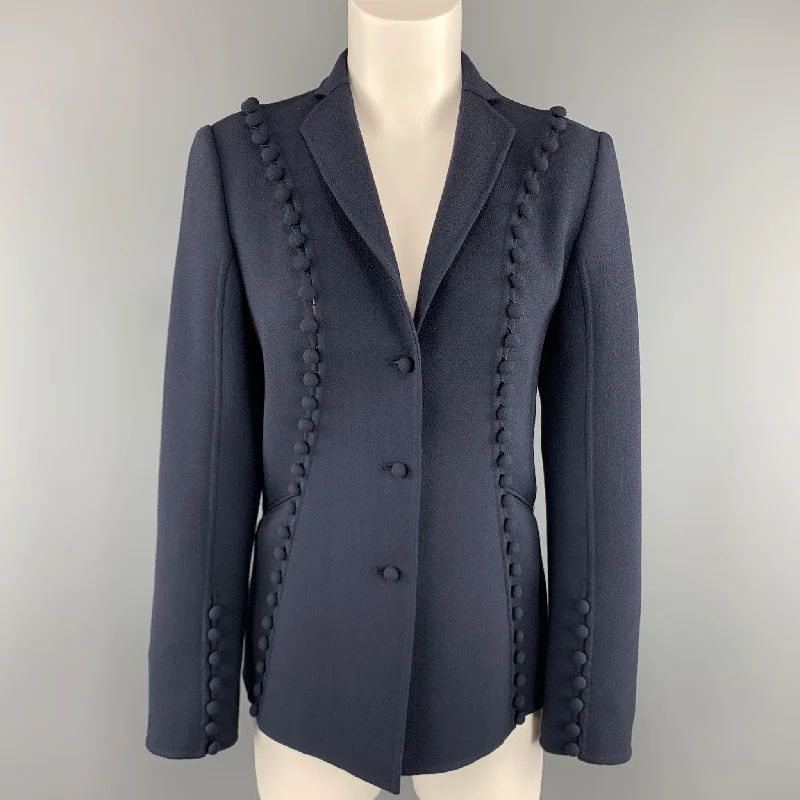 The Best Prices CHADO RALPH RUCCI Size 2 Navy Crepe Wool Button Trim Notch Lapel Jacket