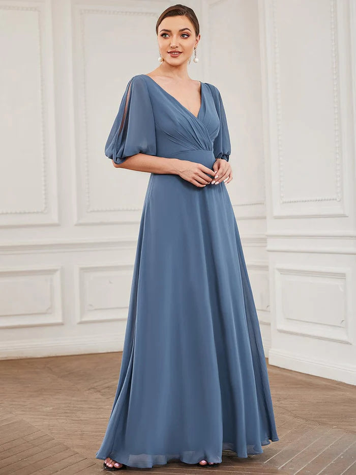 Savings Bonanza Pleated V-Neck Split Sleeve Chiffon Mother of the Bride Dress