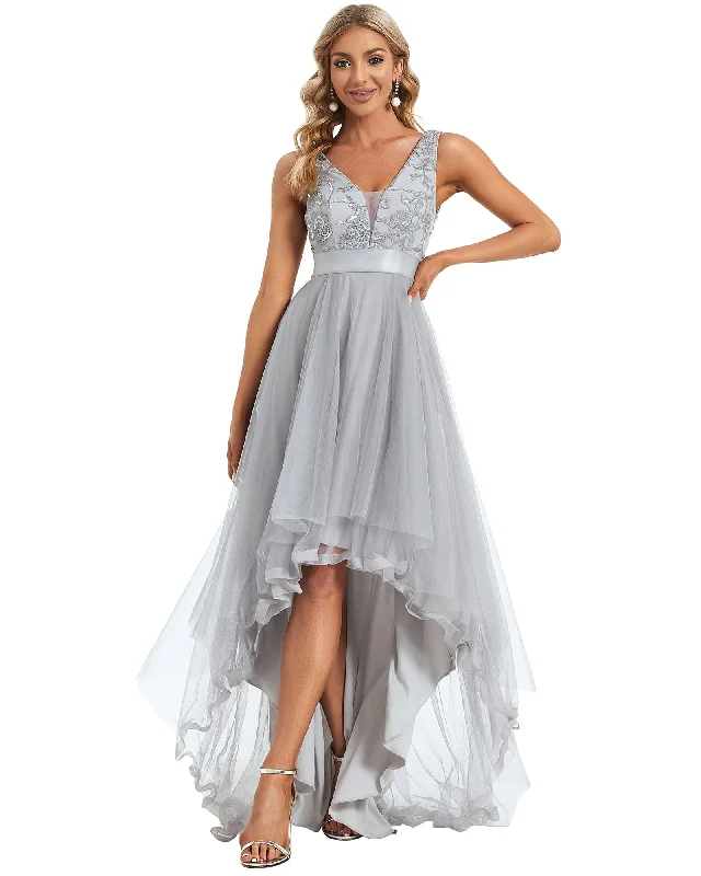 Fantastic Deals Sleeveless V-back Tulle High-Low Sequin Appliques Evening Dresses | Grey
