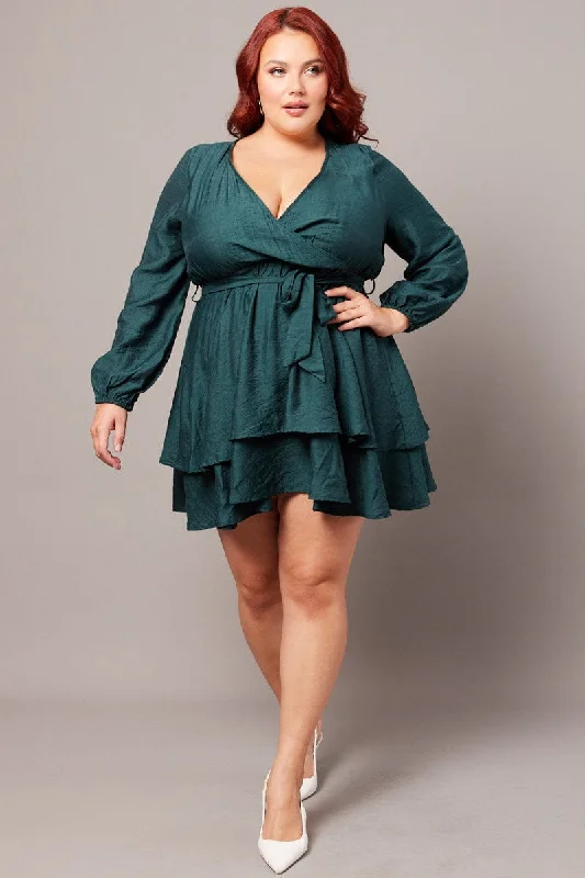 Friends and Family Sale Green Tiered Cross Front Mini Dress