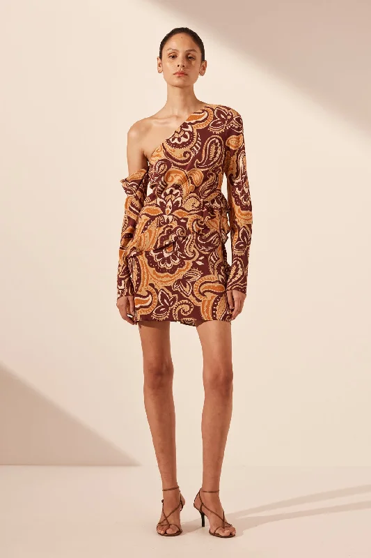 Super Deal ZAHRA SILK ASYMMETRICAL LONG SLEEVE RUFFLE MINI DRESS