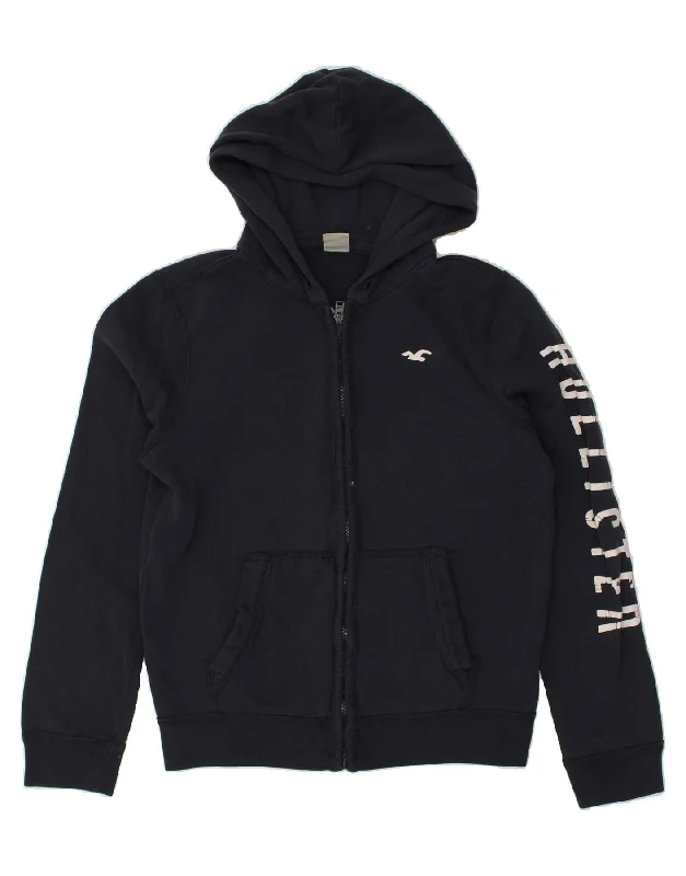 Warehouse Sale HOLLISTER Womens Graphic Zip Hoodie Sweater UK 10 Small Navy Blue Cotton