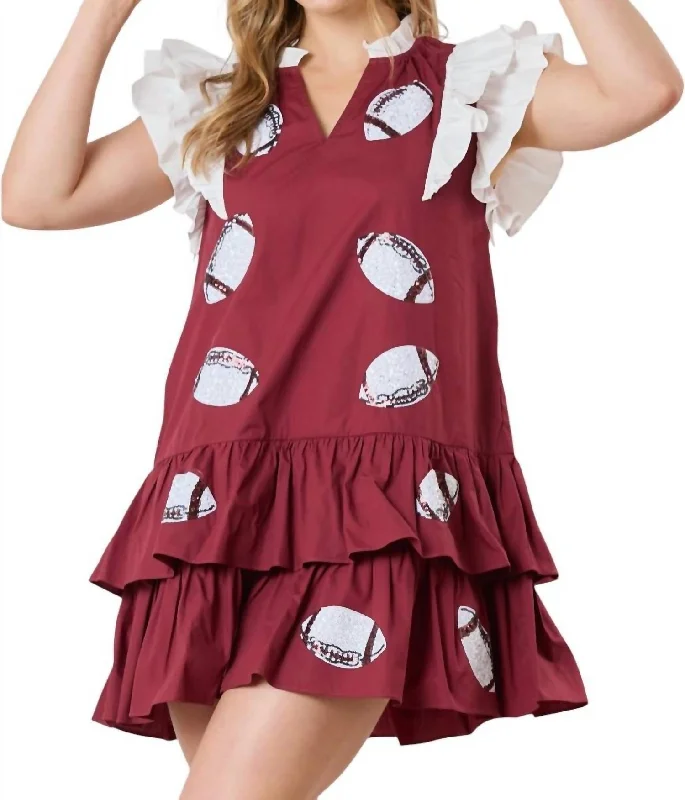 Instant Discount Football Sequins Embroidery Color Block Dress In Maroon