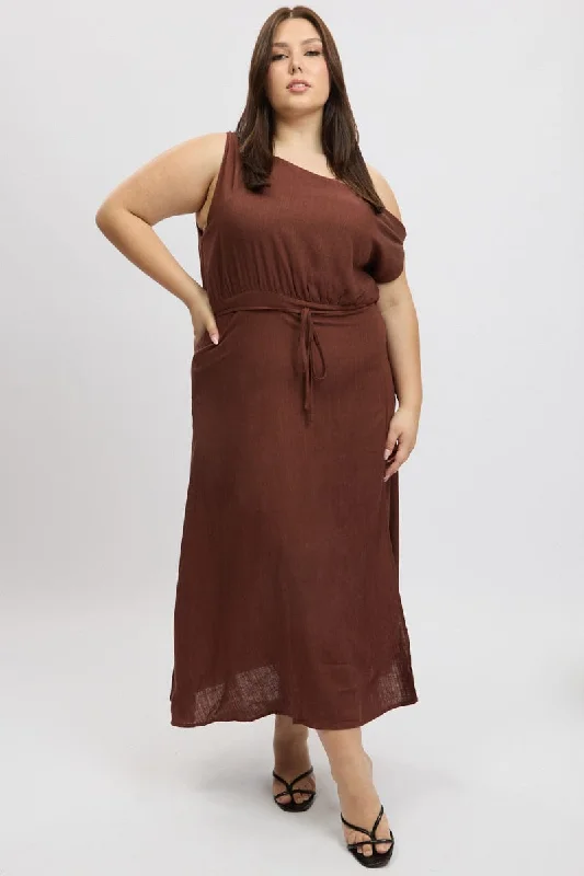 Limited Edition Brown Midi Dress Short Sleeve Asymmetric Shoulder