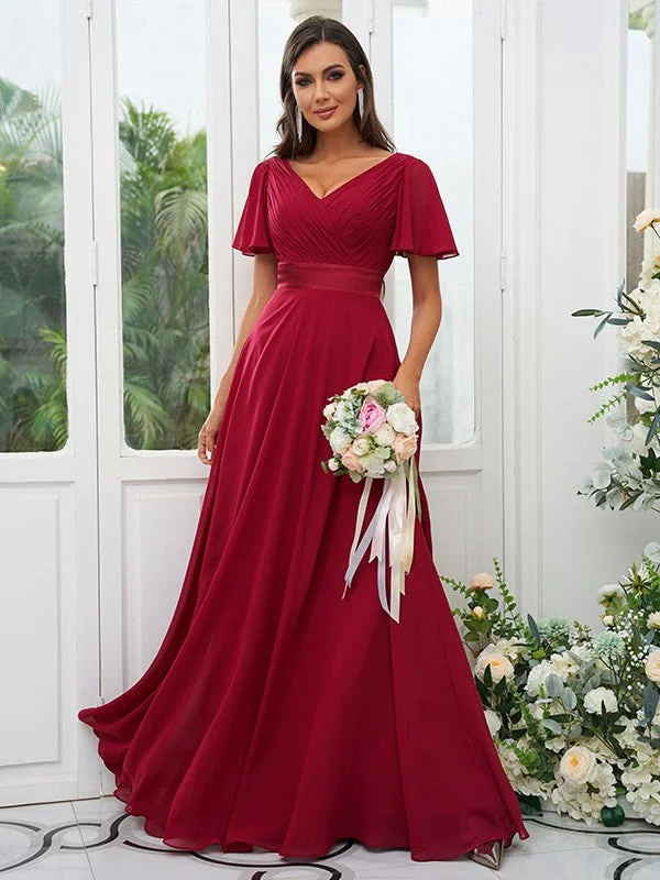 Don’t Miss Out A-Line/Princess Chiffon Ruched V-neck Short Sleeves Sweep/Brush Train Bridesmaid Dresses Don’t Miss Out A-Line/Princess Chiffon Ruched V-neck Short Sleeves Sweep/Brush Train Bridesmaid Dresses