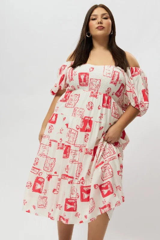 Price Slash Red Abstract Midi Dress Short Sleeve Tiered Linen Blend