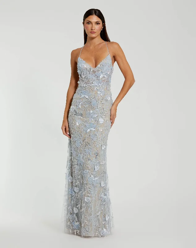 Instant Discount Floral Embroidered Sleeveless Open Back Gown