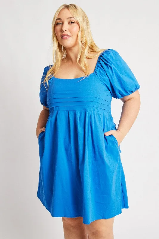 Savings Galore Blue Cotton Poplin Pleated Square Neck Minidress