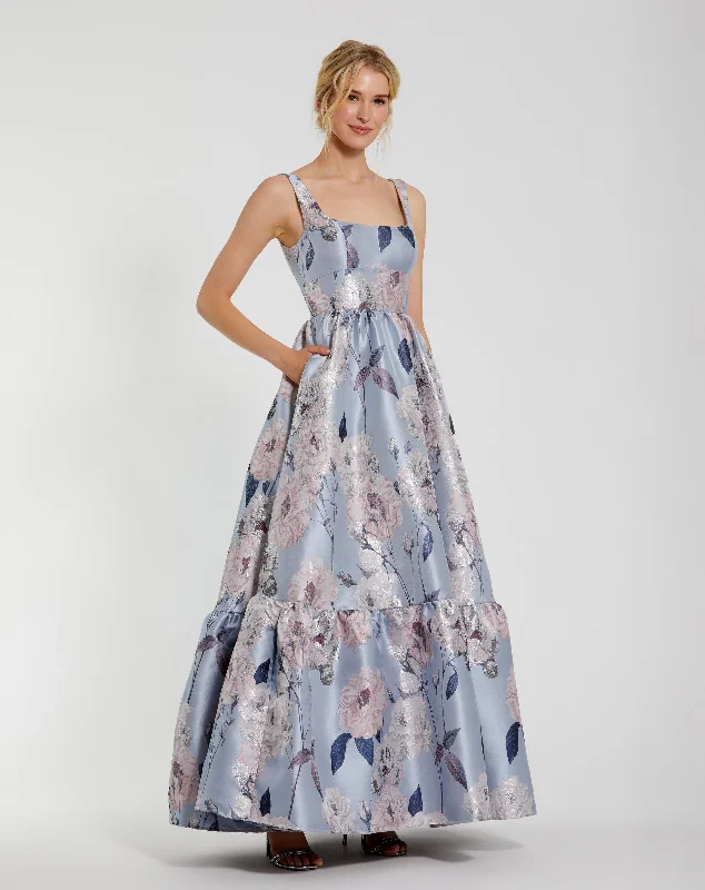 Loyalty Reward Blue Floral Printed Satin Square Neck Gown