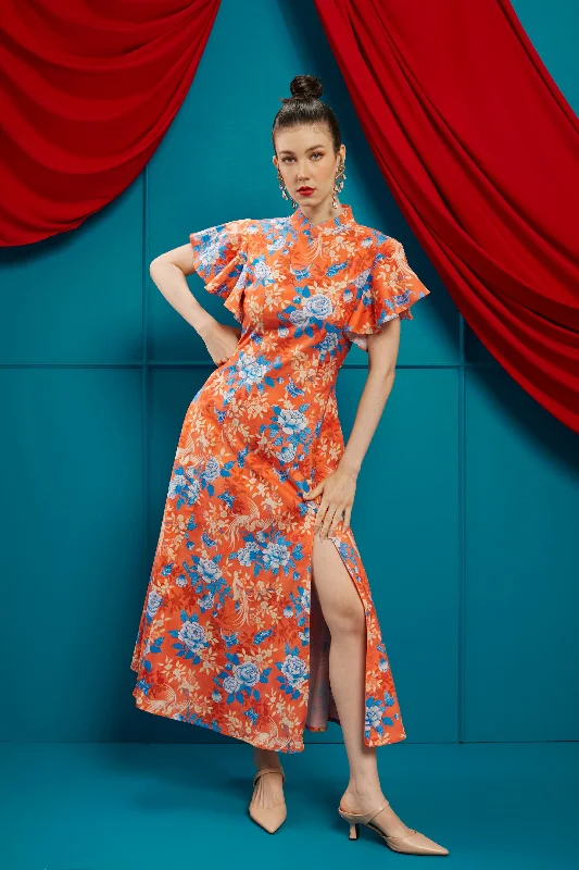 Steals and Deals BIRDS & BUTTERFLY Maxi Cheongsam Dress