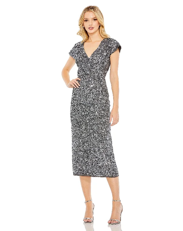 Bonus Savings Sequined Short Sleeve Wrap Over Cocktail Dress