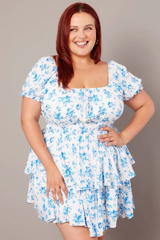 Best Deals Blue Floral Shirred Waist Tiered Minidress