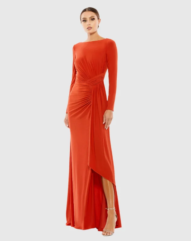 Can't Miss Orange Ruched Long Sleeve Cowl Neck Gown