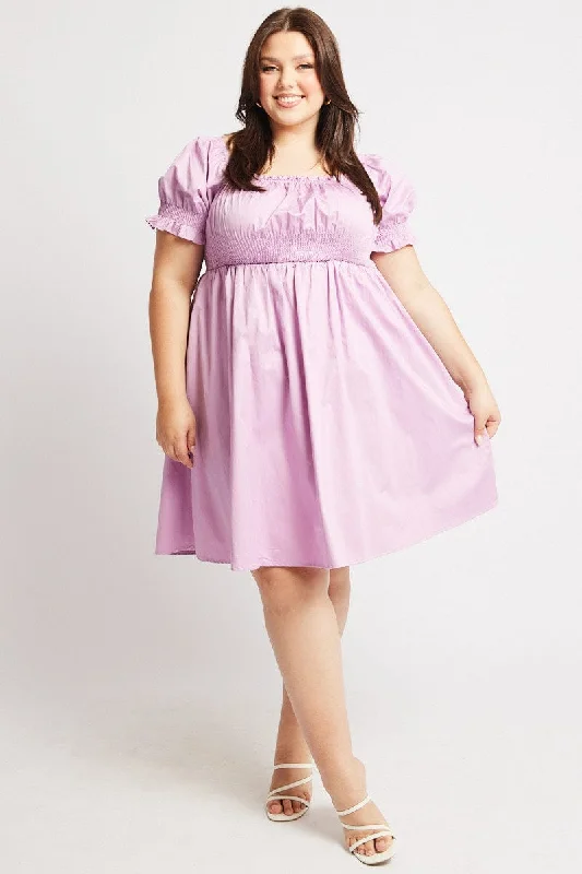 Savings Bonanza Purple Shirred Waist Cotton Poplin Minidress