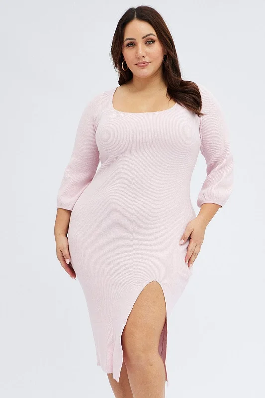 Massive Deals Pink Midi Dress Long Balloon Sleeve Sexy Split Knit