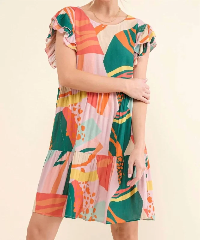 Super Sale Printed Double Ruffle Sleeve Dress In Greenery